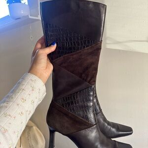 Brown Patch Croc Knee High Boots